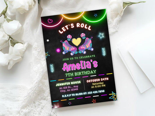 Bearbeitbare Einladung zum Skate-Geburtstag, Neon-Glow-Party (PDF)
