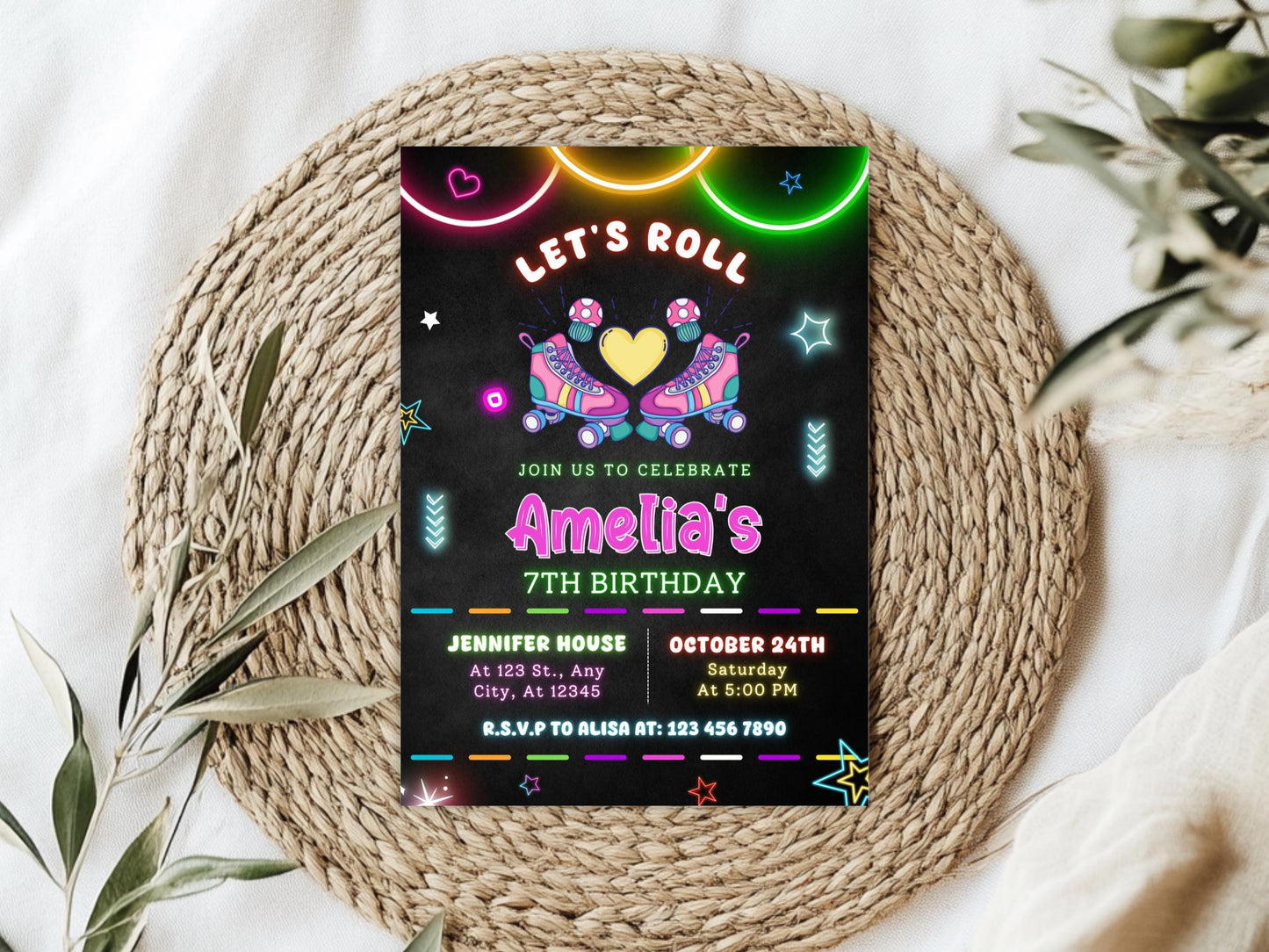 Bearbeitbare Einladung zum Skate-Geburtstag, Neon-Glow-Party (PDF)