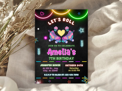 Bearbeitbare Einladung zum Skate-Geburtstag, Neon-Glow-Party (PDF)
