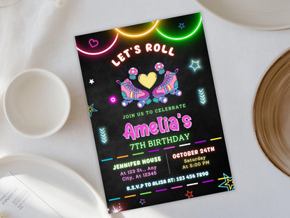 Bearbeitbare Einladung zum Skate-Geburtstag, Neon-Glow-Party (PDF)