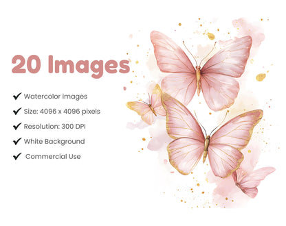 Pink Butterfly Clipart Bundle, Gold Butterfly Clipart, Pink Butterfly png, Watercolor Butterfly Clipart png, Pink Butterflies Clipart
