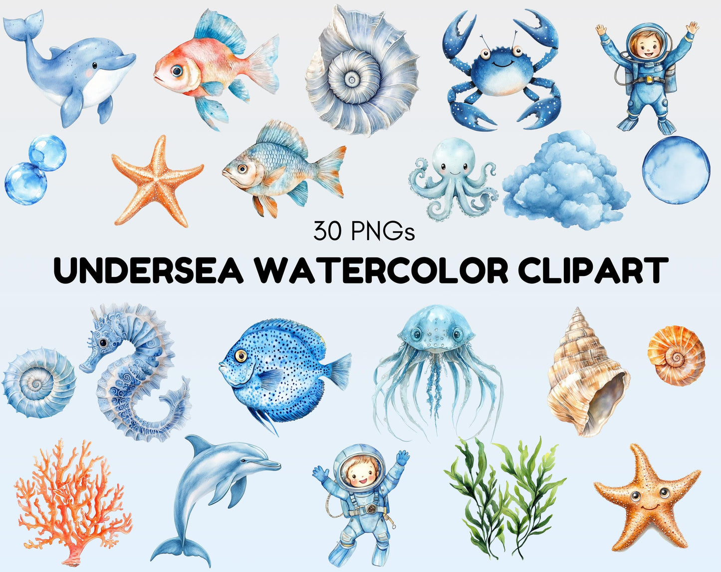 Watercolor Undersea Clipart, Ocean Animals PNG, Nursery Decor (Digital Download)