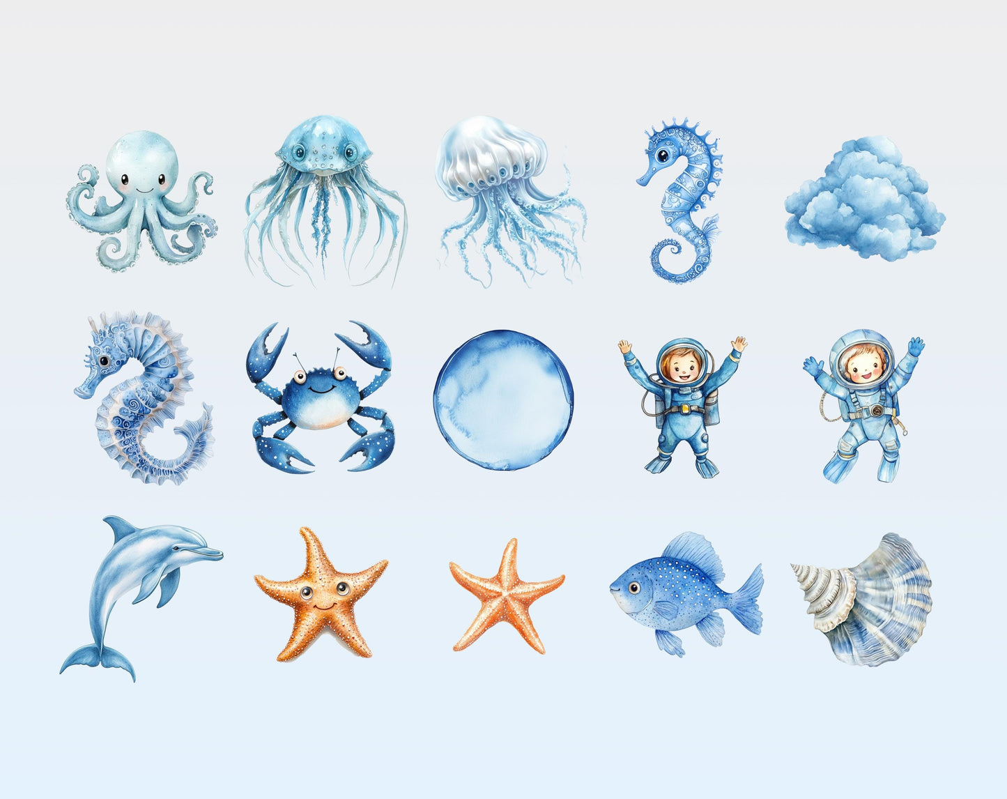 Watercolor Undersea Clipart, Ocean Animals PNG, Nursery Decor (Digital Download)