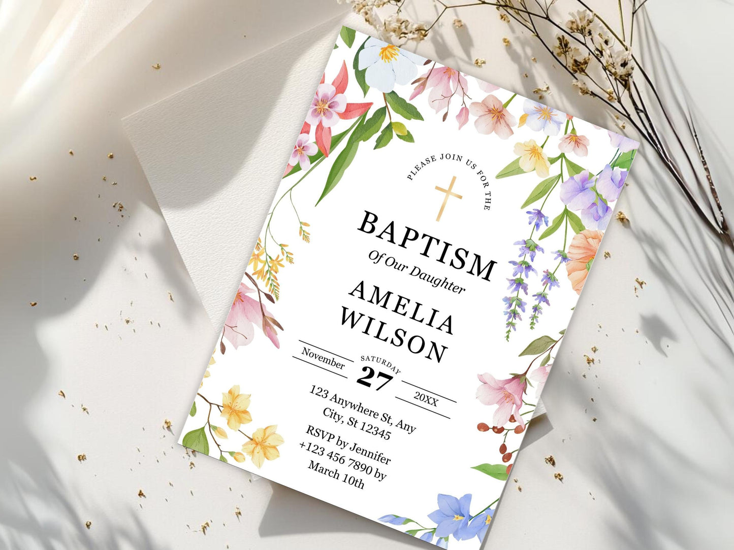 Wildflower Baptism Invitation Template: Greenery Christening Evite (Printable)