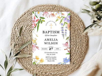 Wildflower Baptism Invitation Template: Greenery Christening Evite (Printable)