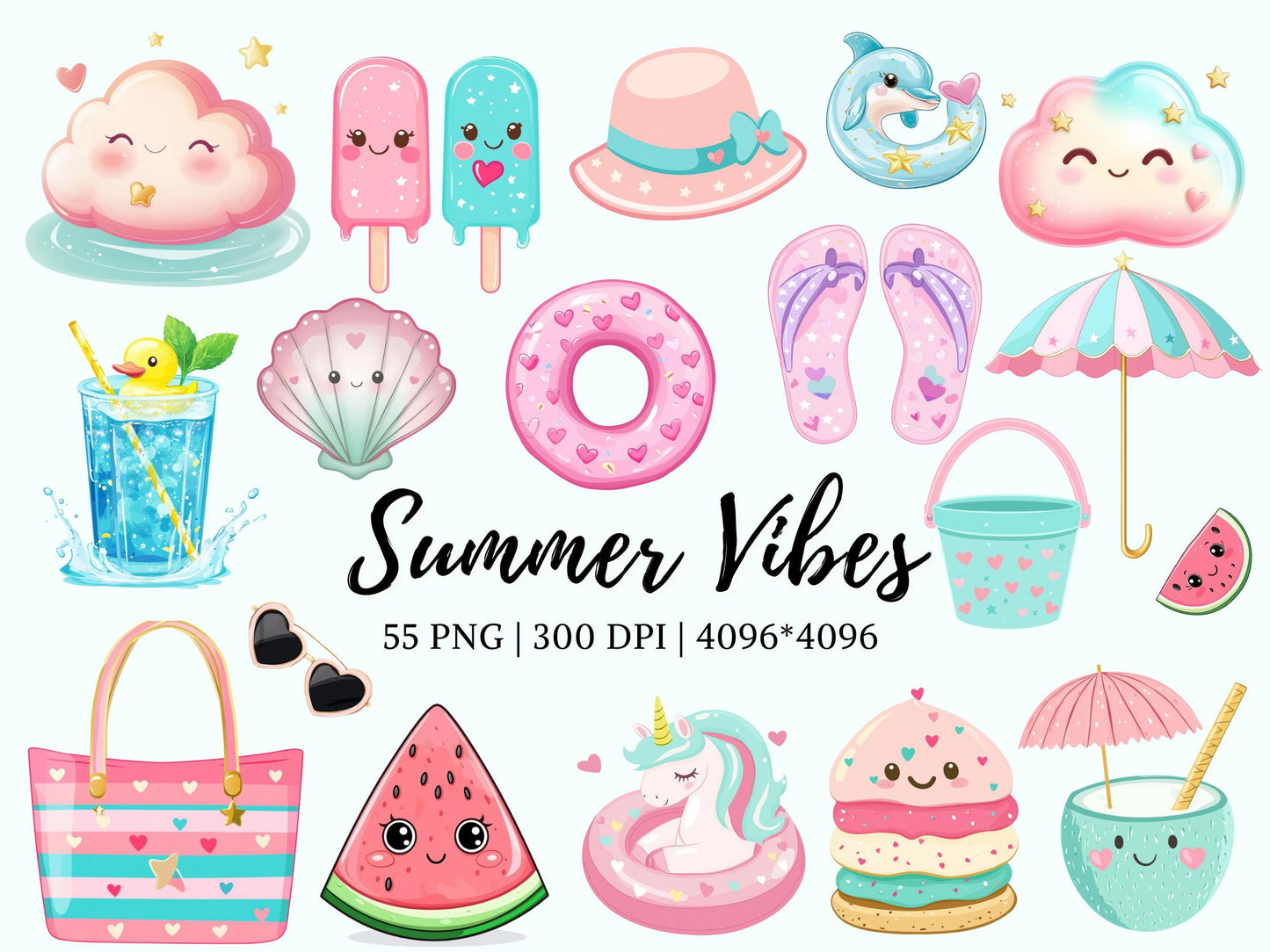 Summer Vibes Clipart png Bundle, Summer Clipart png, Watercolor Beach Clipart, Watercolor Pool Party Clipart, Vacation Clipart png Bundle