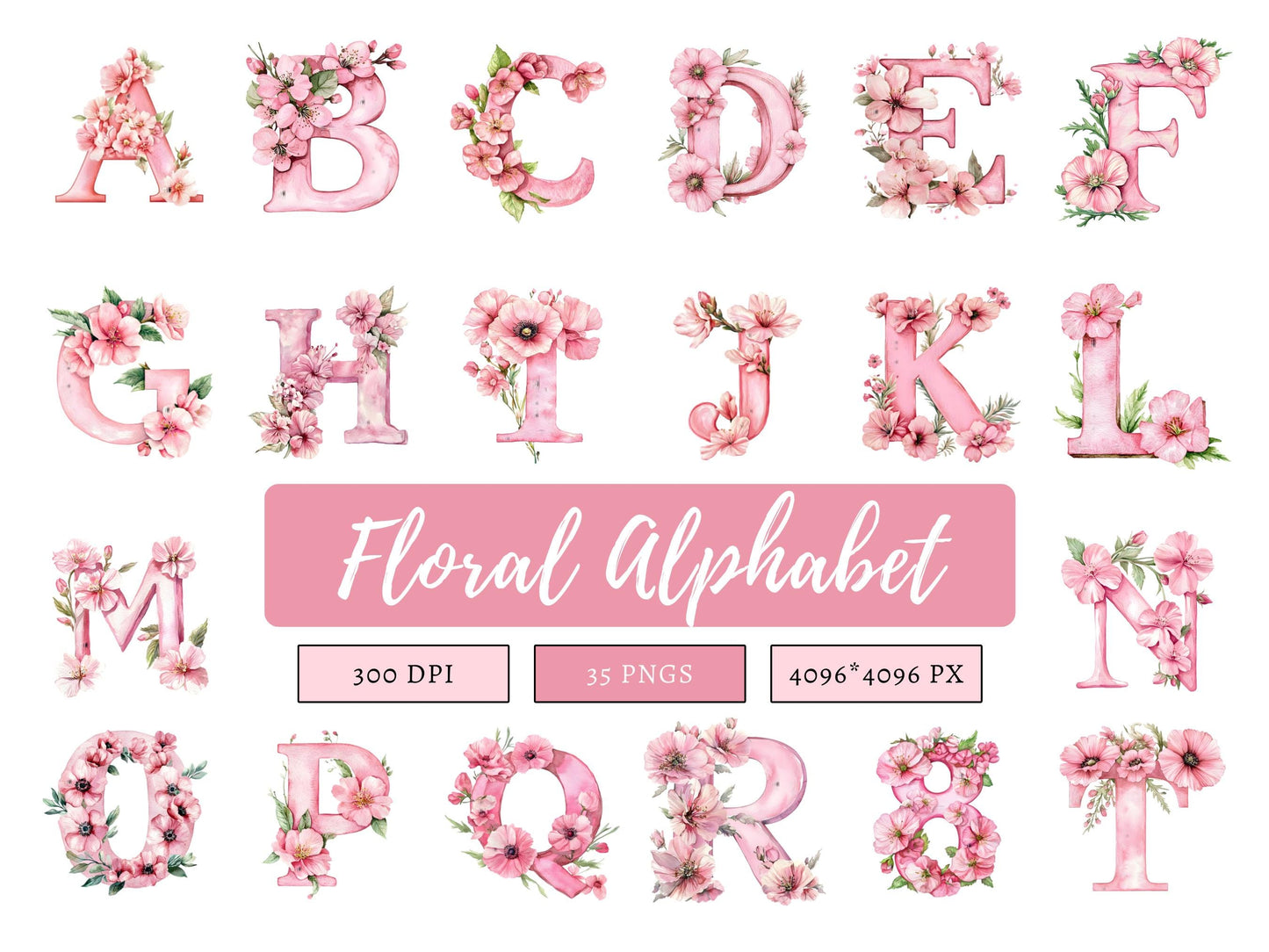 Floral Alphabet Clipart, Alphabet png Bundle, Flower Alphabet png, Watercolor Floral Alphabet Clipart, Floral Letter Monogram Clipart