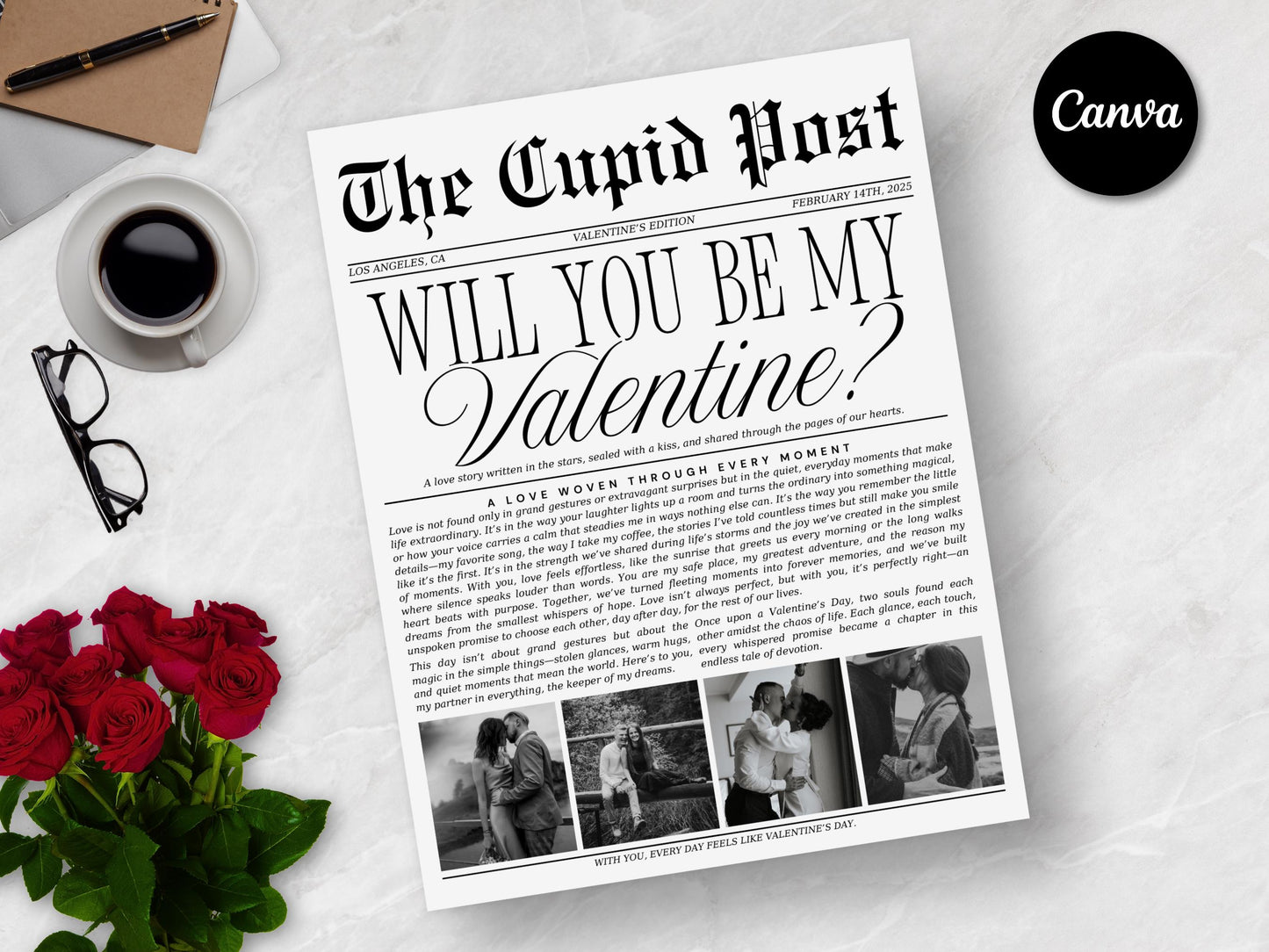Valentine's Cupid Post Newspaper Template: Editable Canva Design (Digital Download)