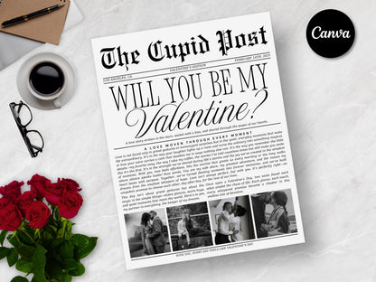 Valentine's Cupid Post Newspaper Template: Editable Canva Design (Digital Download)