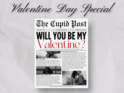 Valentine Cupid Post Newspaper Template: Editable Canva Design (Digital Download)