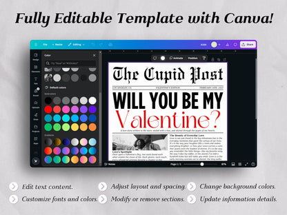 Valentine Cupid Post Newspaper Template: Editable Canva Design (Digital Download)