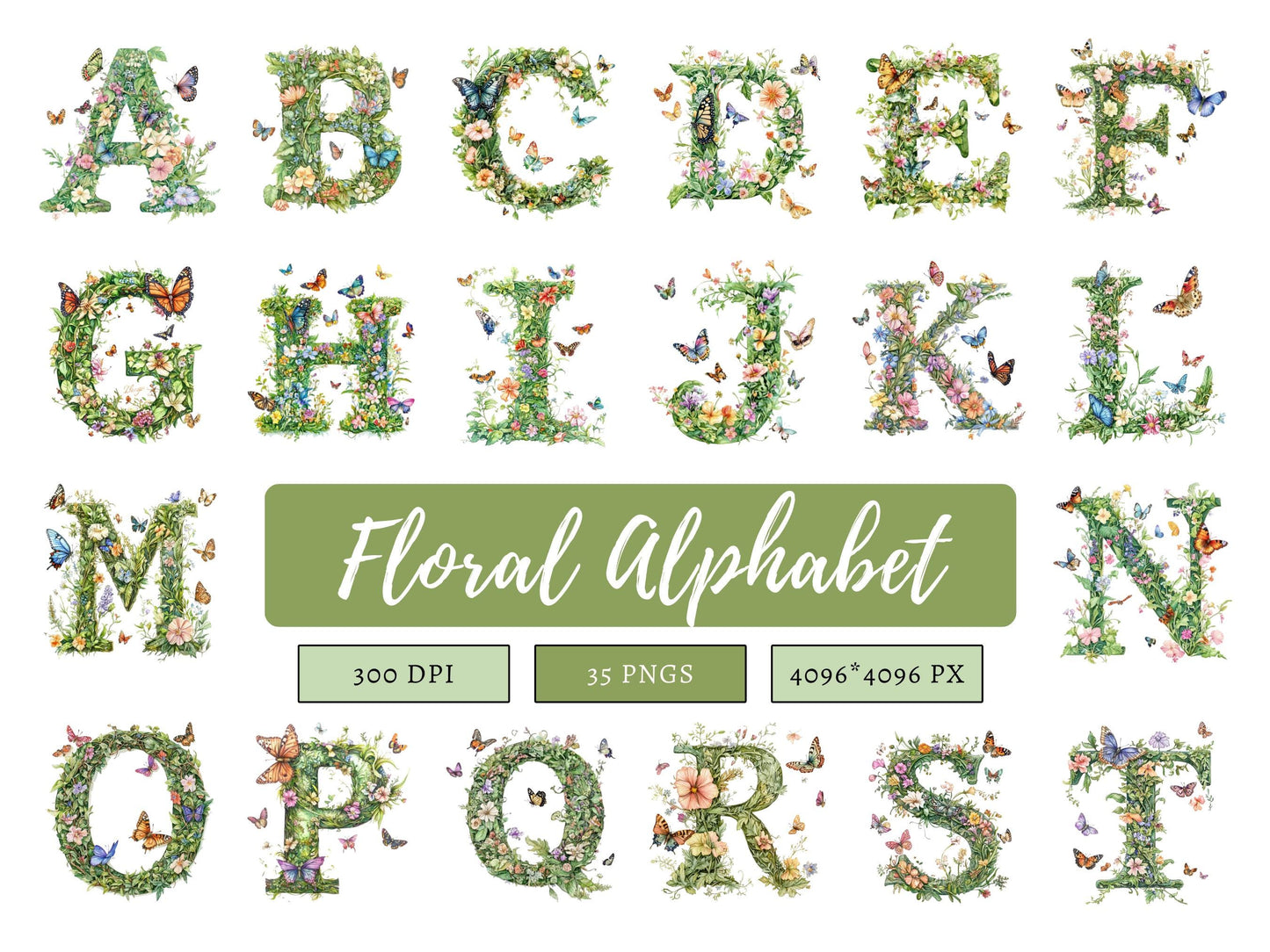 Watercolor Floral Alphabet Collection Clipart, Spring Floral Alphabet Clipart, Floral Letter Clipart, Alphabet Clipart, Milestone Clipart
