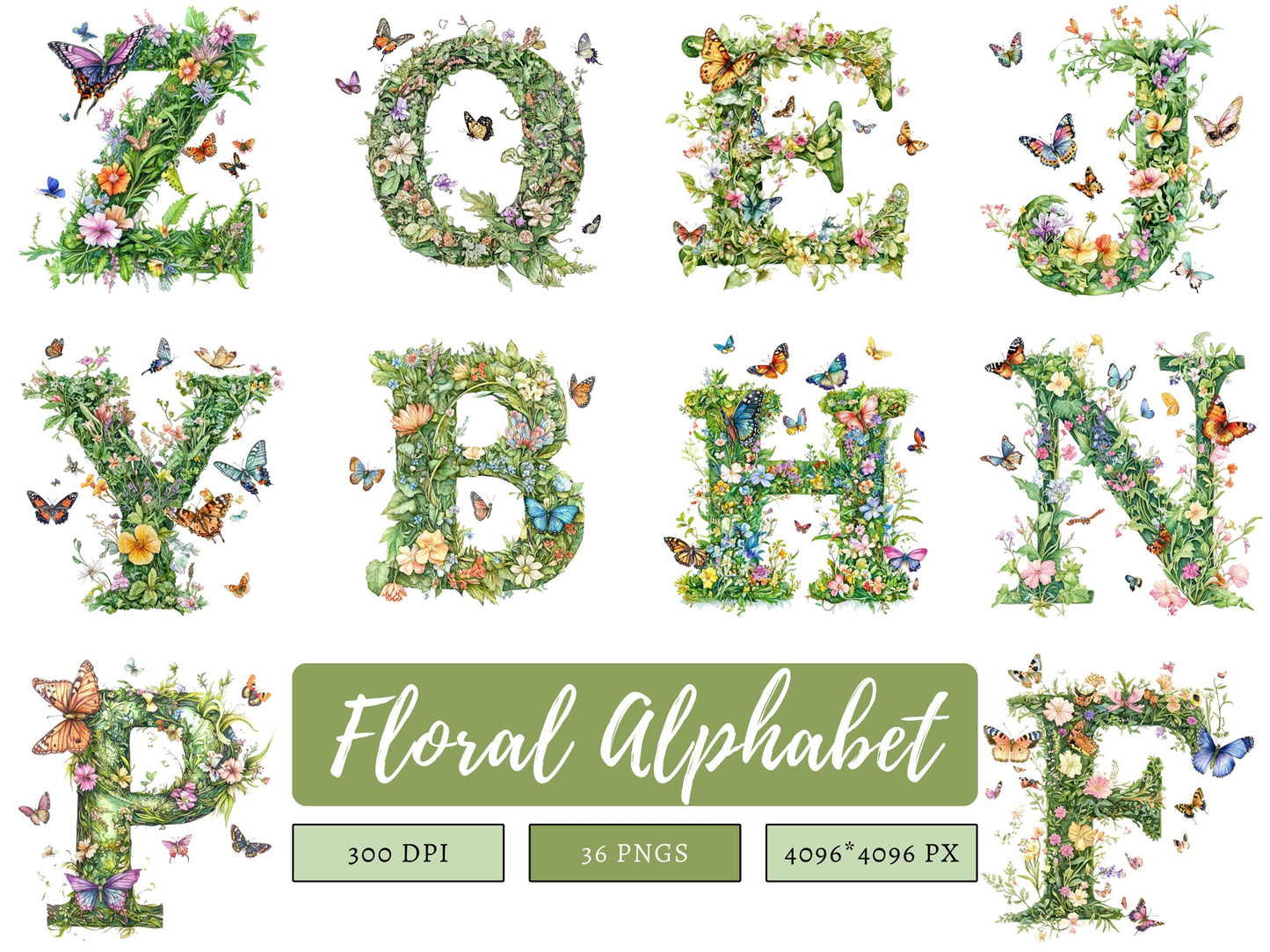 Watercolor Floral Alphabet Collection Clipart, Spring Floral Alphabet Clipart, Floral Letter Clipart, Alphabet Clipart, Milestone Clipart