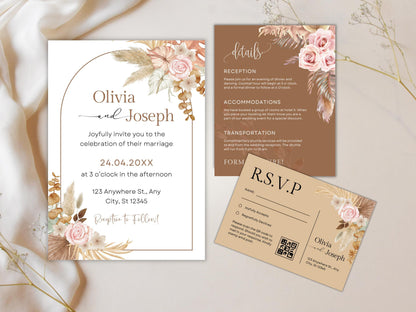 Pink Rose Wedding Invitation Template with RSVP and QR Code (Digital Download)