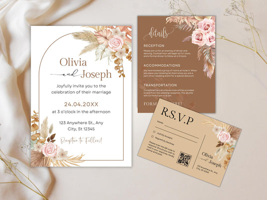 Pink Rose Wedding Invitation Template with RSVP and QR Code (Digital Download)