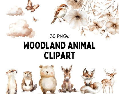 Watercolor Woodland Animal Clipart Bundle, Baby Shower Decor (PNG)