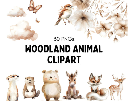 Watercolor Woodland Animal Clipart Bundle, Baby Shower Decor (PNG)