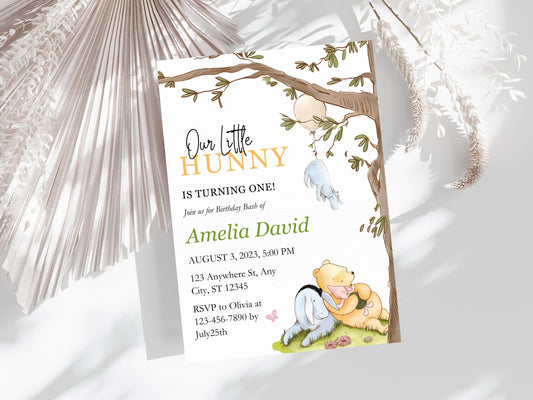 Winnie The Pooh Birthday Invitation Template: Classic 1st Birthday (PDF)