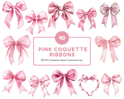 Pink Coquette Bow Clipart Bundle, Watercolor Pink Bow Ribbon Clipart, Coquette Bow png, Bow Ribbon Clipart, Pink Bow png, Bow Clipart