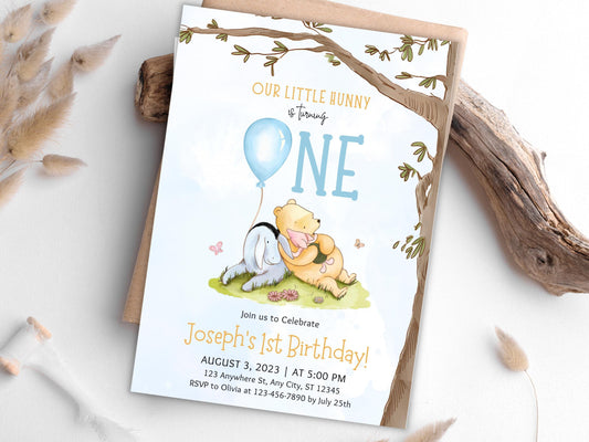 Winnie The Pooh 1st Birthday Invitation Template (Digital Download)