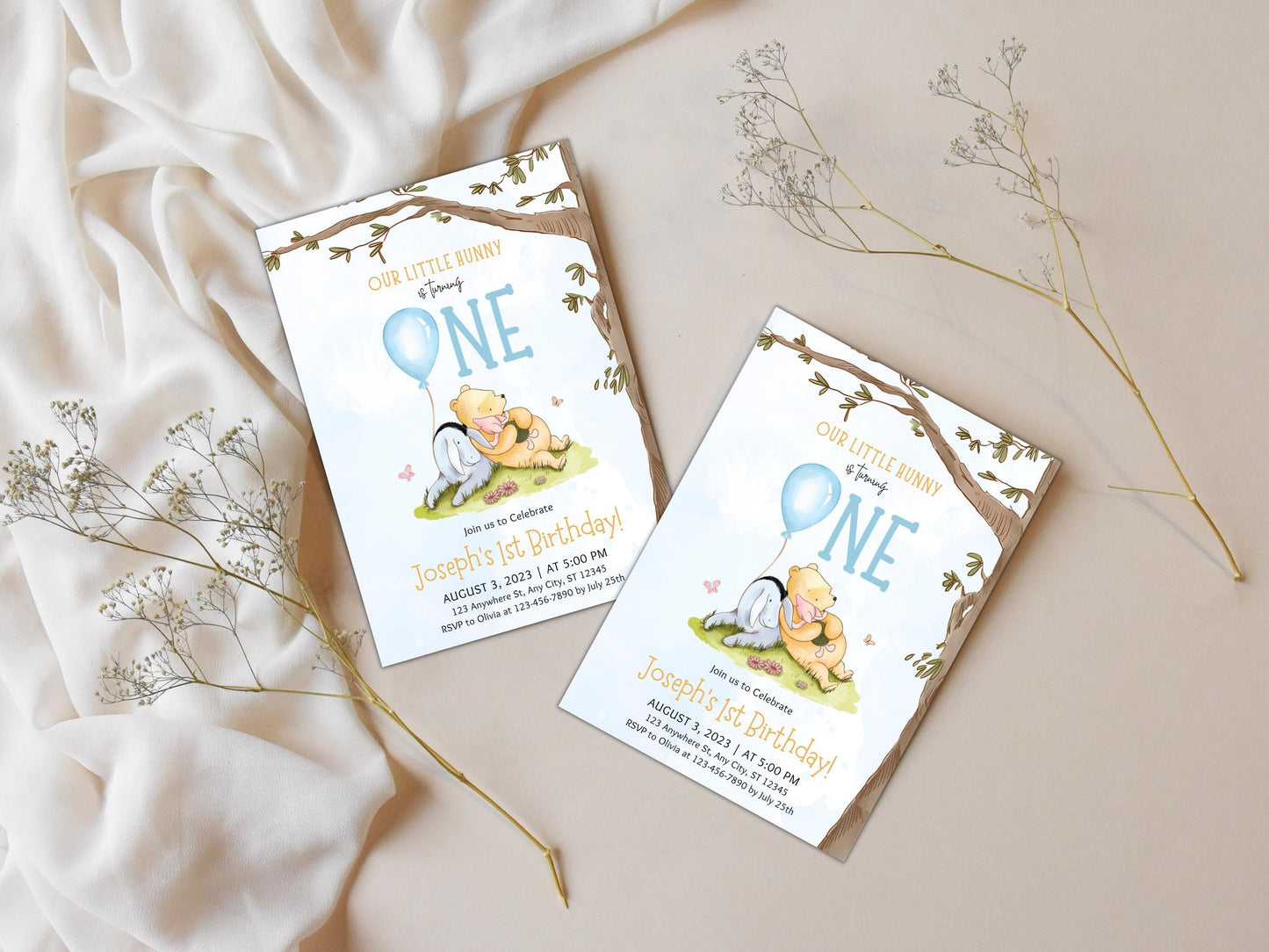 Modèle d'invitation pour le 1er anniversaire de Winnie l'Ourson (Téléchargement numérique)
