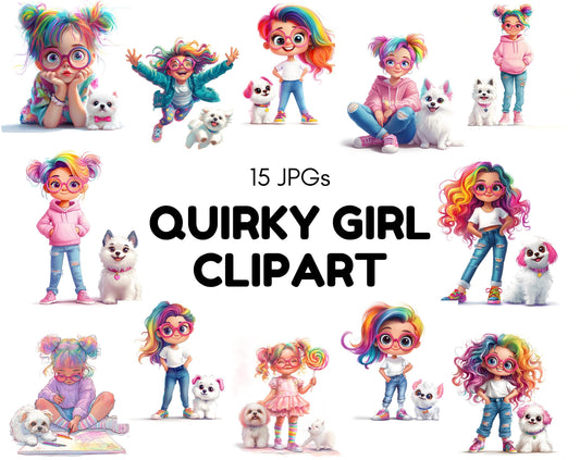 Quirky Girl Clipart Bundle, Cute Girl Clipart, Cute Girl jpg, Watercolor Quirky Girl Clipart, Cute Doll, Whimsical Girl Clipart