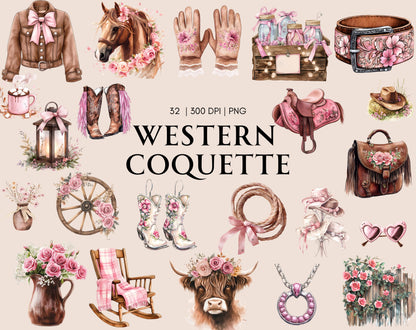 Western Coquette Clipart Bundle, Pink Cowboy Graphics (Digital Download)