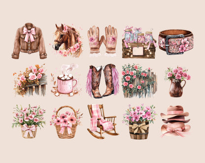 Western Coquette Clipart Bundle, Pink Cowboy Graphics (Digital Download)