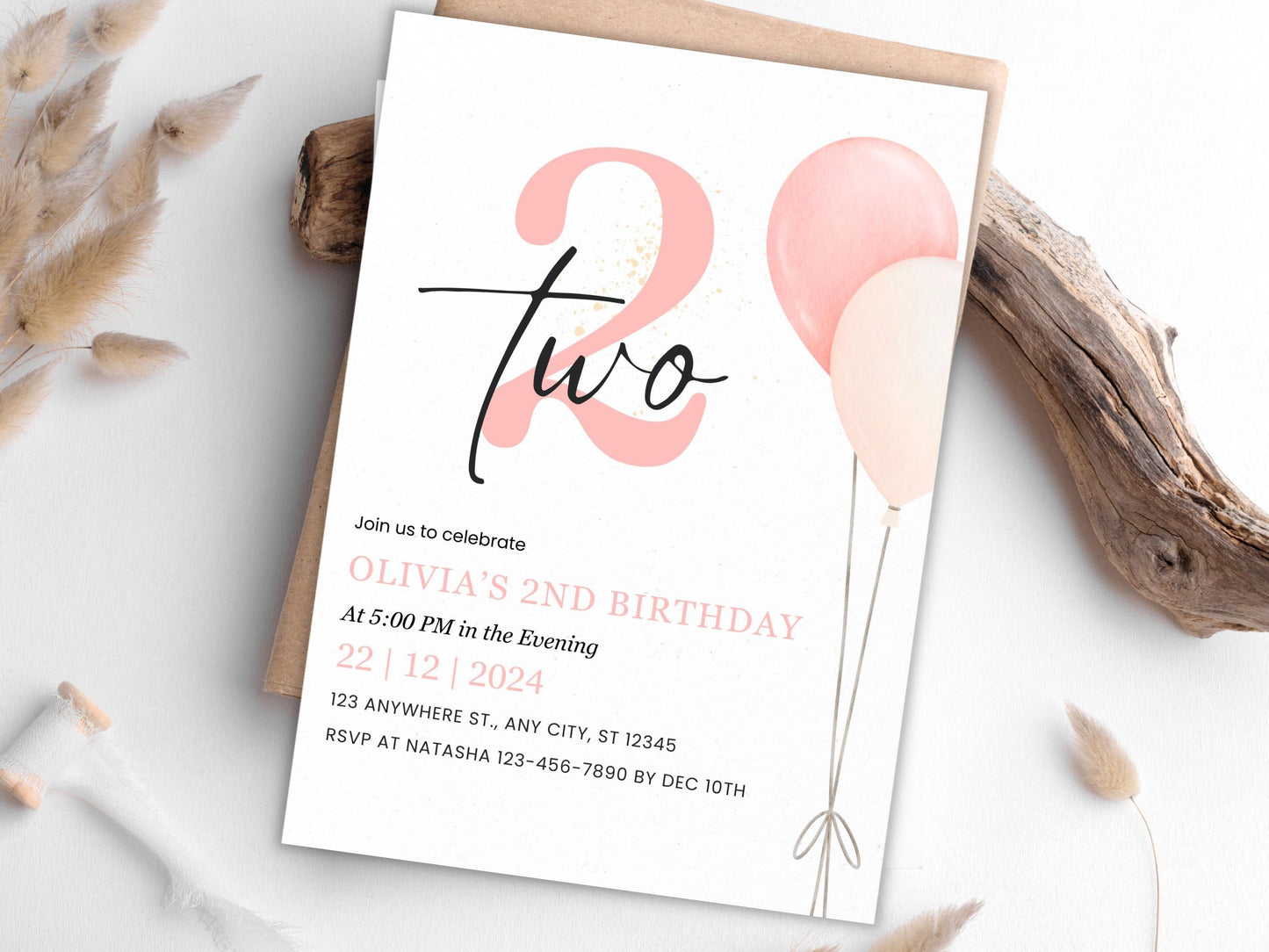 Minimalist 2nd Birthday Invitation: Blush Balloons (Editable, PDF)