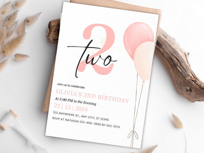 Minimalist 2nd Birthday Invitation: Blush Balloons (Editable, PDF)