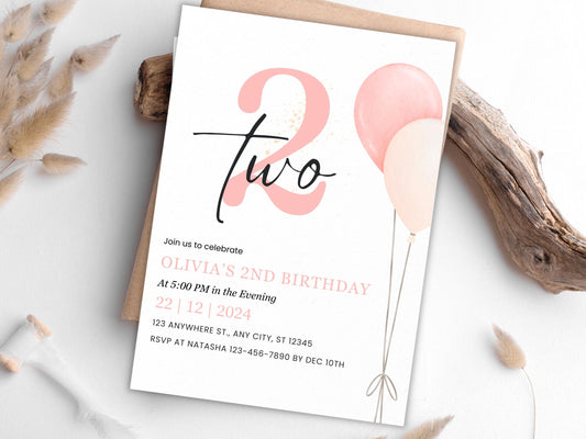 Minimalist 2nd Birthday Invitation: Blush Balloons (Editable, PDF)