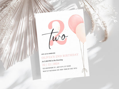 Minimalist 2nd Birthday Invitation: Blush Balloons (Editable, PDF)