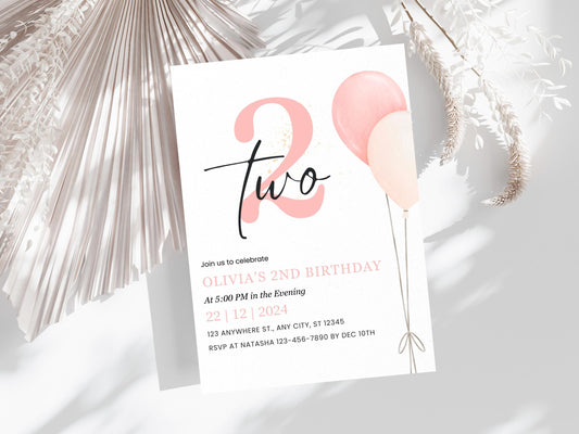 Minimalist 2nd Birthday Invitation: Blush Balloons (Editable, PDF)
