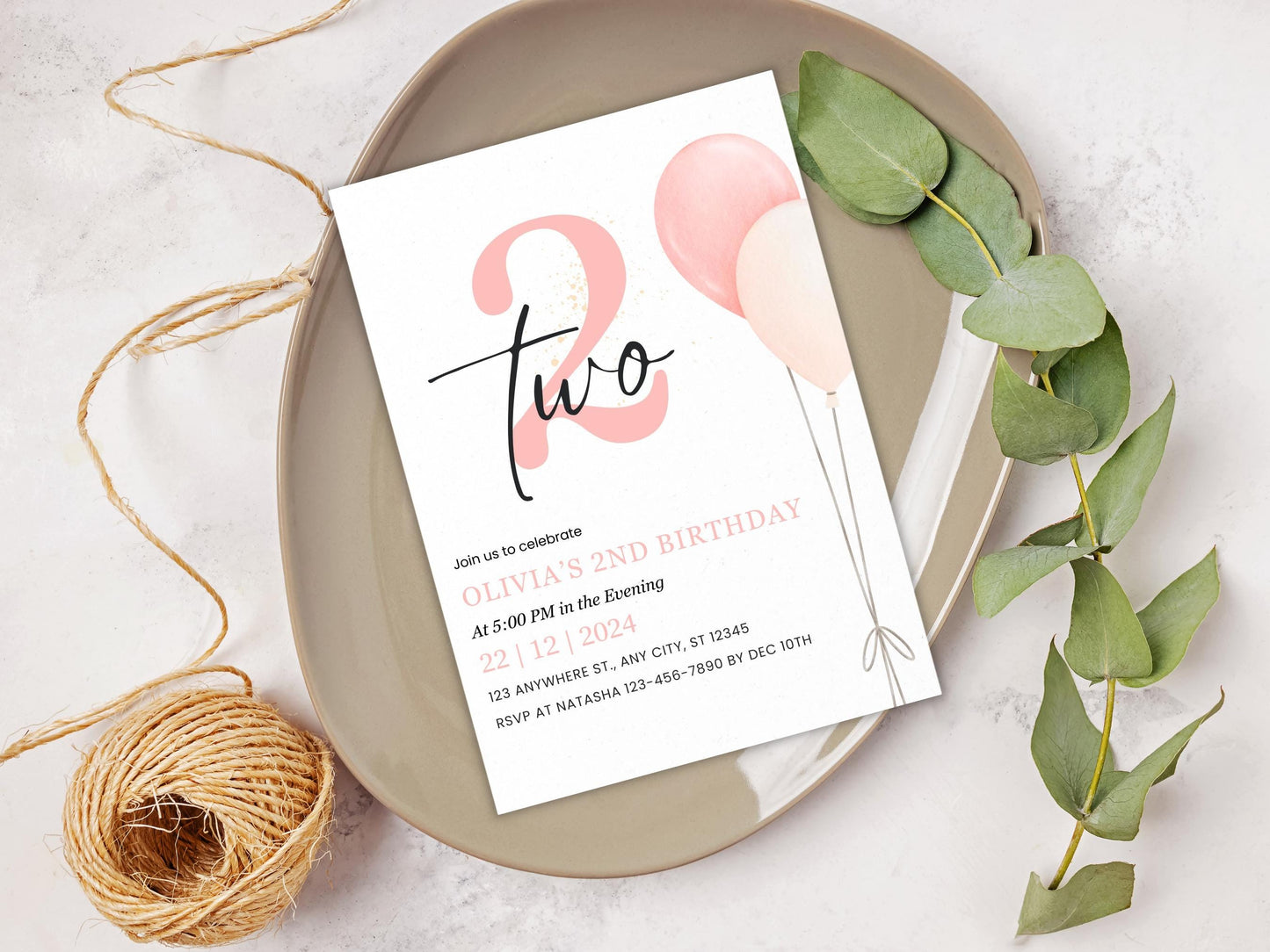 Minimalist 2nd Birthday Invitation: Blush Balloons (Editable, PDF)