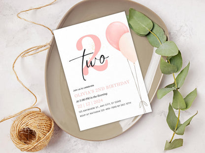Minimalist 2nd Birthday Invitation: Blush Balloons (Editable, PDF)