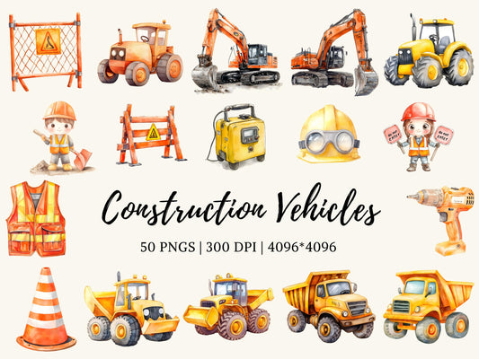 Construction Clipart Bundle, Construction Vehicle Clipart png Bundle, Vehicle Clipart, Construction Truck Clipart, Watercolor Vehicle
