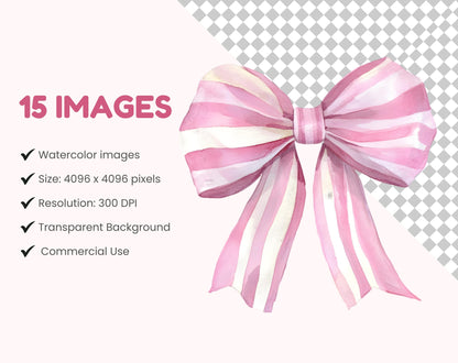 Watercolor Pink Bow Clipart Bundle, Pink Bow Clipart, Bow Clipart png, Coquette Bow Clipart, Checkered Pink Bow Clipart, Pink Ribbon Bow