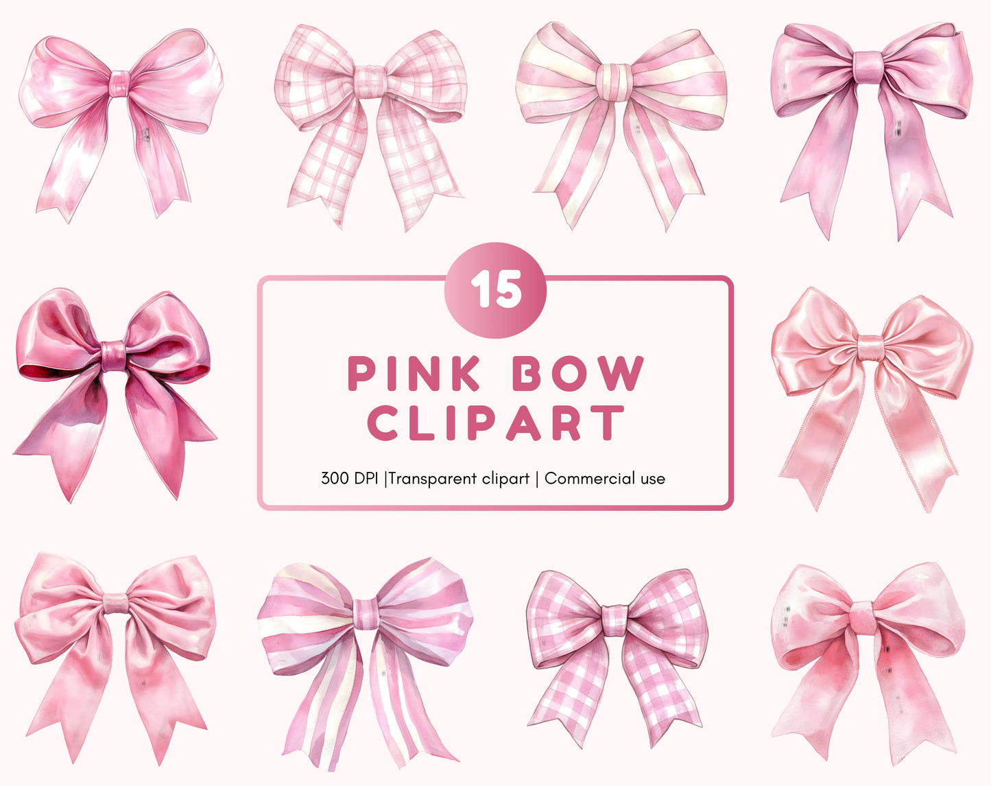 Watercolor Pink Bow Clipart Bundle, Pink Bow Clipart, Bow Clipart png, Coquette Bow Clipart, Checkered Pink Bow Clipart, Pink Ribbon Bow