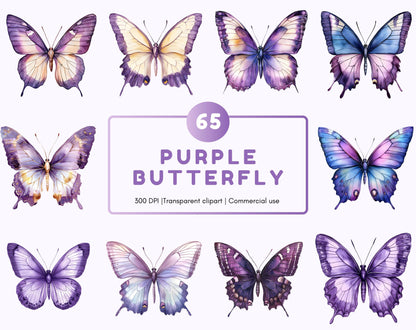 Purple Watercolor Butterfly Clipart Bundle (PNG)