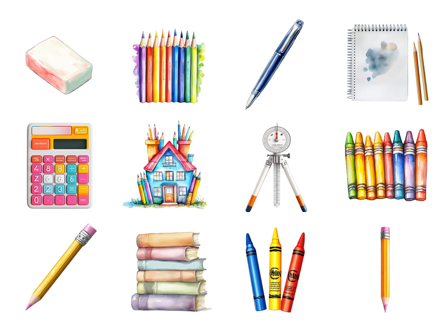 School Supplies Watercolor Clipart, Back To School Clipart, School png Bundle, Paster School Supplies png, School Stationery Clipart png