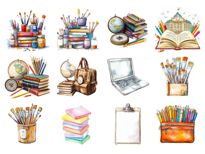 School Supplies Watercolor Clipart, Back To School Clipart, School png Bundle, Paster School Supplies png, School Stationery Clipart png