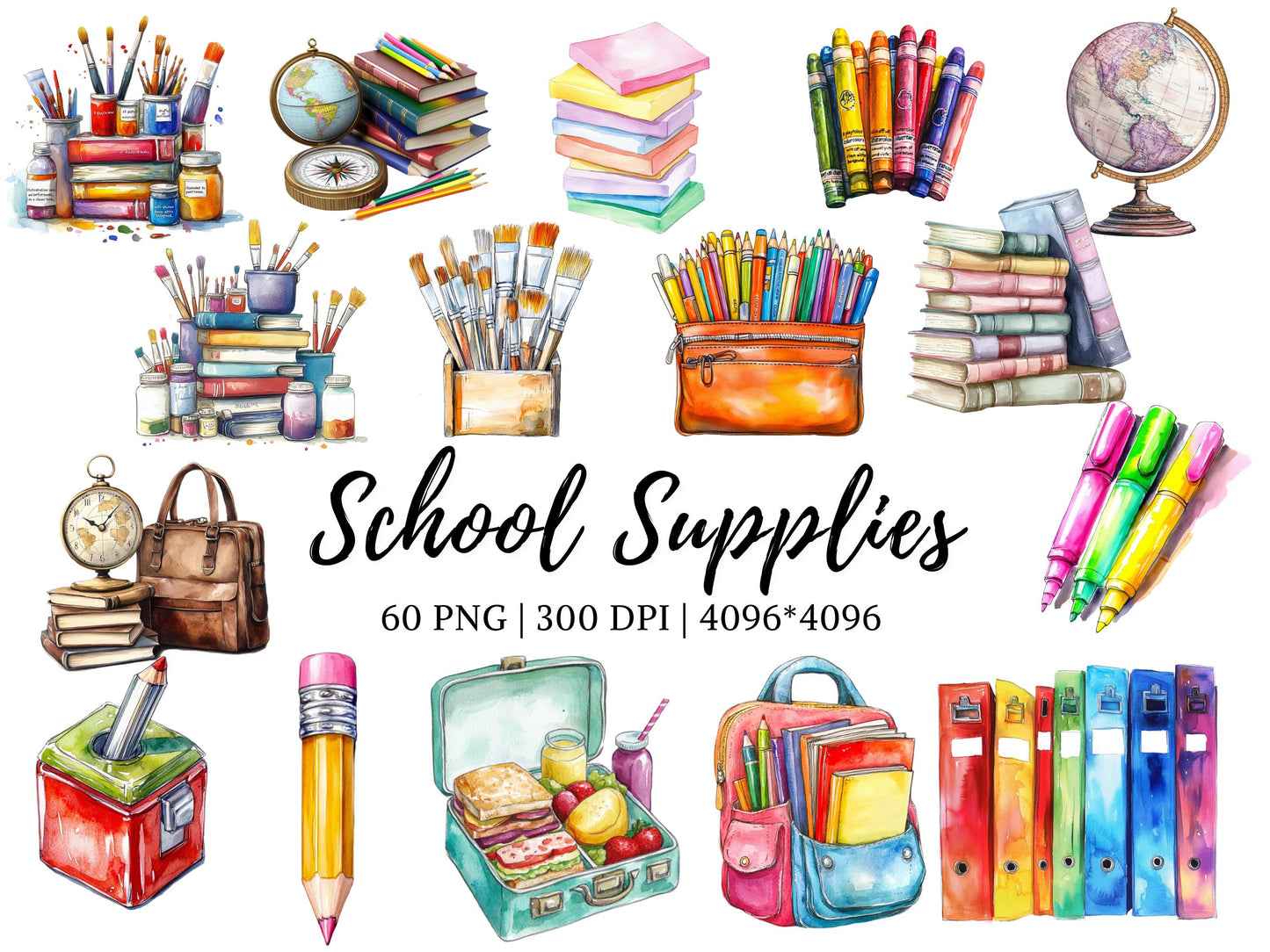 School Supplies Watercolor Clipart, Back To School Clipart, School png Bundle, Paster School Supplies png, School Stationery Clipart png