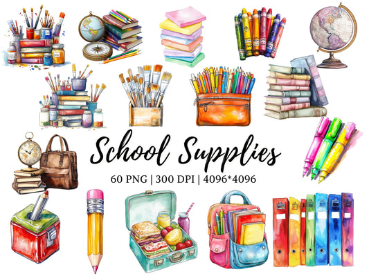 School Supplies Watercolor Clipart, Back To School Clipart, School png Bundle, Paster School Supplies png, School Stationery Clipart png