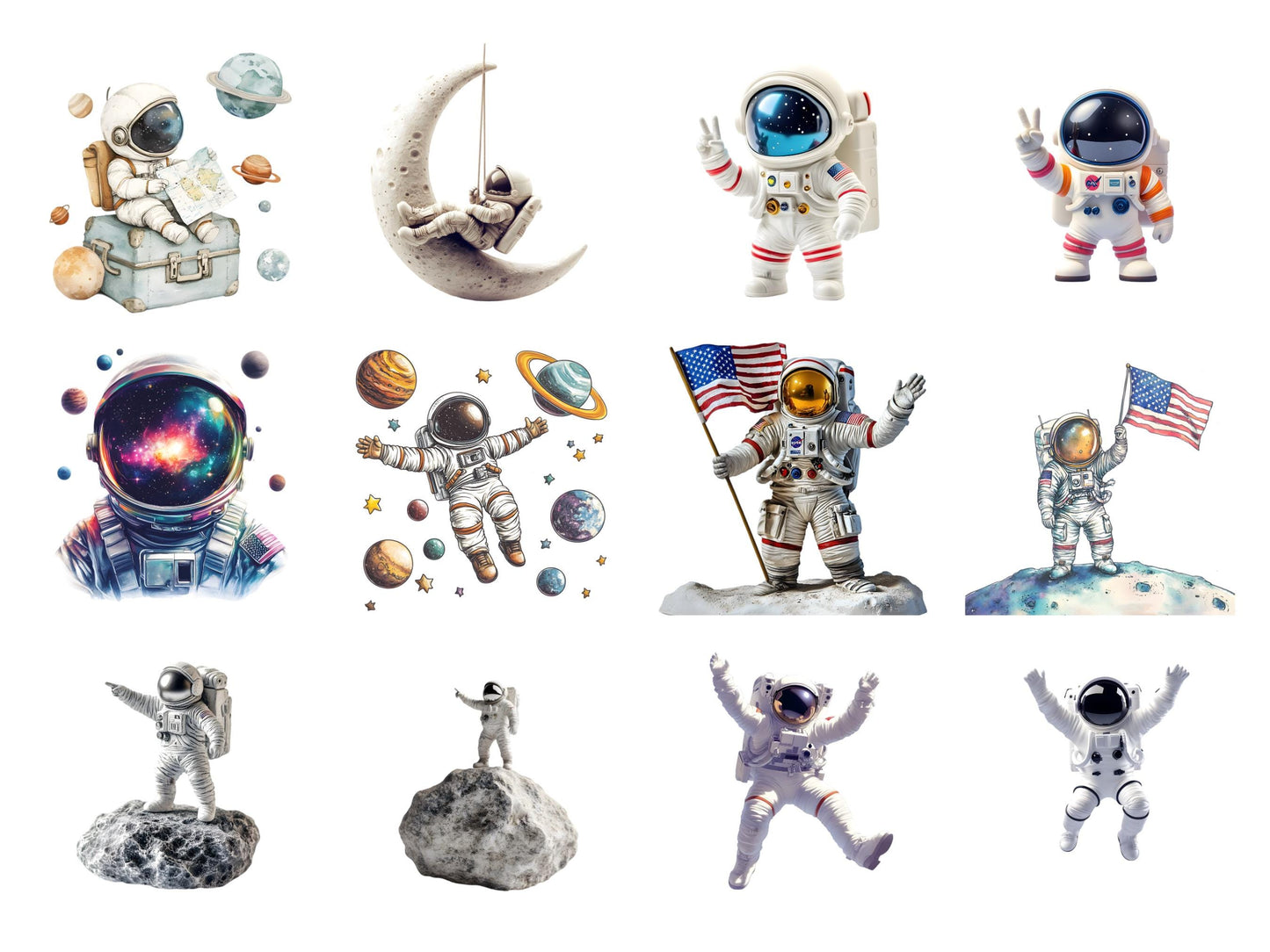 Aquarell-Astronauten-Cliparts, Weltraum-Clipart-PNG-Bundle, Niedliche Astronauten-Cliparts, Weltraum-Cliparts, Aquarell-Planeten- und Raketen-Cliparts