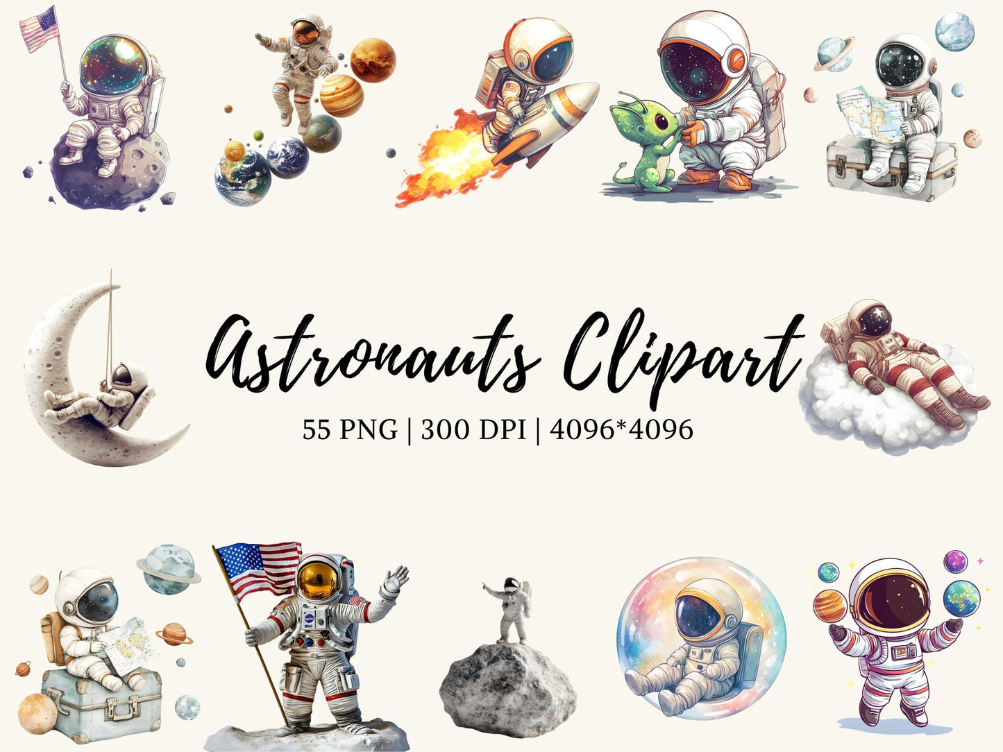 Aquarell-Astronauten-Cliparts, Weltraum-Clipart-PNG-Bundle, Niedliche Astronauten-Cliparts, Weltraum-Cliparts, Aquarell-Planeten- und Raketen-Cliparts