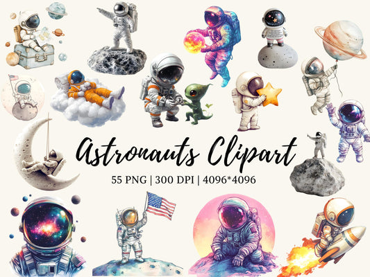 Watercolor Astronaut Clipart, Space Clipart png Bundle, Cute Astronaut Clipart, Outer Space Clipart, Watercolor Planet And Rocket Clipart