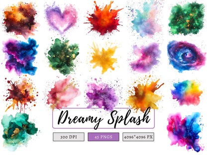 Verträumte Spritzer-Cliparts, Aquarell-Spritzer-Cliparts, Spritzer-Clipart-PNG-Bundle, Spritzer-Cliparts, Verträumte Spritzer-Cliparts, Tintenspritzer-Cliparts