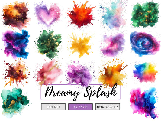 Dreamy Splash Clipart, Watercolor Splash Clipart, Splatter Clipart png Bundle, Splash Clipart, Dreamy Splashes Clipart, Ink Splash Clipart