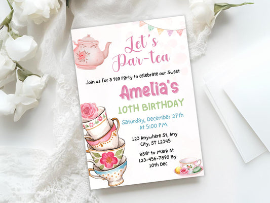 Editable Tea Party Birthday Invitation Template, Pink Floral Invite (Digital Download)
