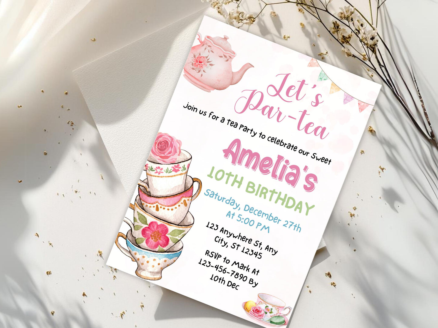 Editable Tea Party Birthday Invitation Template, Pink Floral Invite (Digital Download)